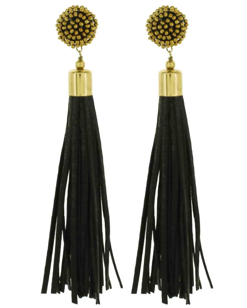 Front of a size O/S Textured Leather Earrings in Black in Black by Pannee. | dia_product_style_image_id:331546